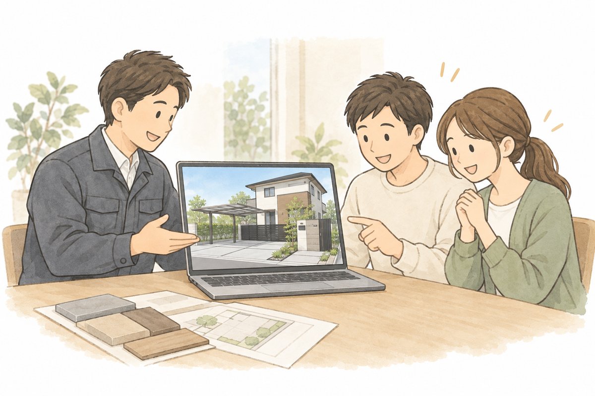 3DCADの完成イメージ図を見ながら打ち合わせをする様子